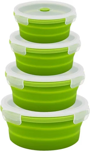 URBEST Cuencos plegables, recipientes de silicona para almacenamiento de alimentos con tapas para campamento, juego de 4 recipientes redondos de