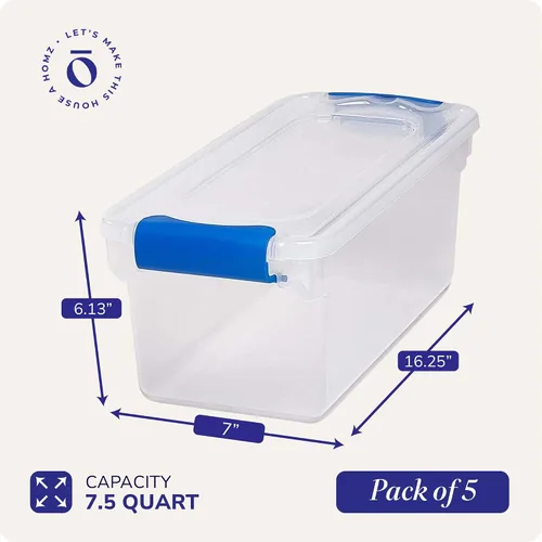 Miniatura 4 de HOMZ Paquete de 5 cubos organizadores de almacenamiento de plástico transparente, 7.5 cuartos de galón, pestillo azul, contenedores organizadores