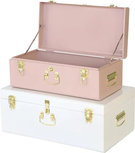 Miniatura 18 de Vixdonos Juego de 2 baúles decorativos de metal grande, organizador de dormitorio universitario con cerrojos y asa para decoración del hogar, 23.7 x