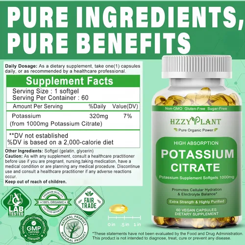 Miniatura 8 de Cápsulas blandas de suplemento de potasio, citrato de potasio de alta absorción, 1000 mg para equilibrio electrolítico muscular, corazón y soporte