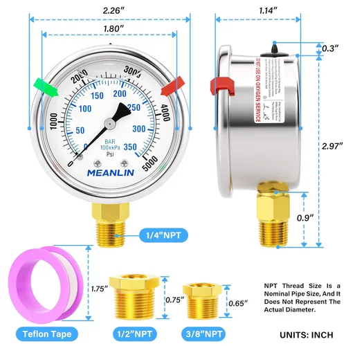 Miniatura 101 de MEANLIN MEASURE Medidor de presión de acero inoxidable relleno de líquido de 0 ~ 300 psi, esfera de cara NPT de 2 pulgadas para compresor de aire
