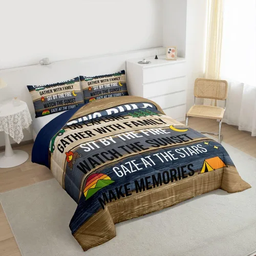 Miniatura 4 de Juego de edredón de reglas de campamento para niños, juego de ropa de cama rústica de granja, tamaño Queen, funda de edredón acolchado para niños