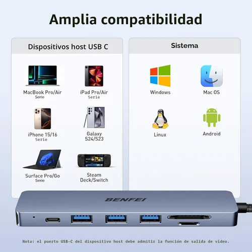 Miniatura 7 de BENFEI USB C HUB 7 en 1 con HDMI (4K a 60 Hz, certificado), entrega de energía de 100 W, 3 USB 3.0, lector de tarjetas SD/TF (160 MB/s) compatible