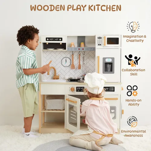 Miniatura 6 de Freniland Cocina de juego de madera, juego de cocina para niños con luz y sonido reales, máquina de hielo realista, estufa y horno, juguete