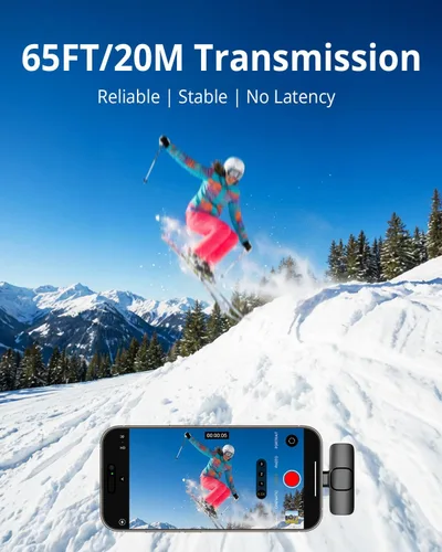 Miniatura 5 de Micrófono Lavalier inalámbrico para iPhone, Android, iPad, tabletas, mini micrófono Bluetooth con cancelación de ruido, transmisión de 65 pies