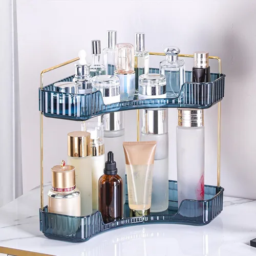 Organizador de esquina para encimera de baño, estante de baño, organizador de maquillaje para tocador, bandeja de perfume para almacenamiento en Azul