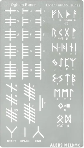 Aleks Melnyk No.421 Plantilla de metal, runas Elder Futhark y Ogham, Alfabeto antiguo, alfabeto mágico de sigil, plantilla de letras para leña,