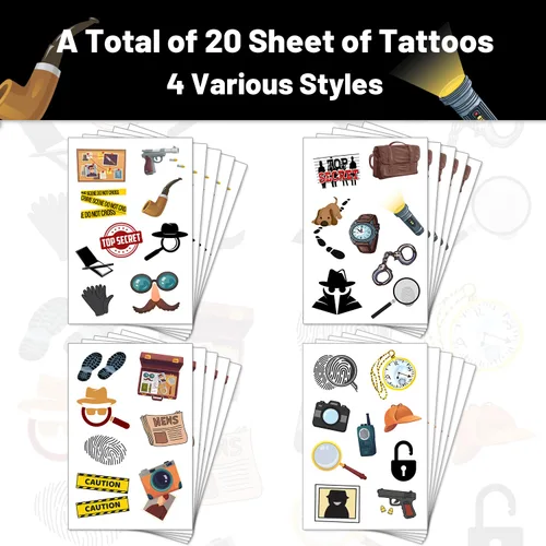 Miniatura 2 de 20 hojas de tatuajes temporales de detective espía de agente secreto, pistas de detective misterioso, recuerdos de fiesta, accesorios de decoración