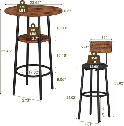 Miniatura 6 de Juego de mesa de comedor de 3 piezas para 2, pequeña mesa de cocina redonda con 2 sillas, mesa de bar de altura de mostrador con almacenamiento