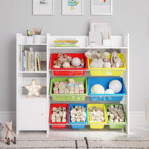 Organizador de almacenamiento de juguetes con estantería, estantería de organización de sala de juegos para niños con contenedores de almacenamiento