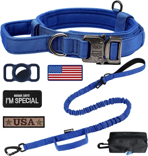 Miniatura 10 de Juego de collar y correa táctica para perro: collar de perro de nailon ajustable con asa que absorbe los golpes, correa retráctil fuerte para perros