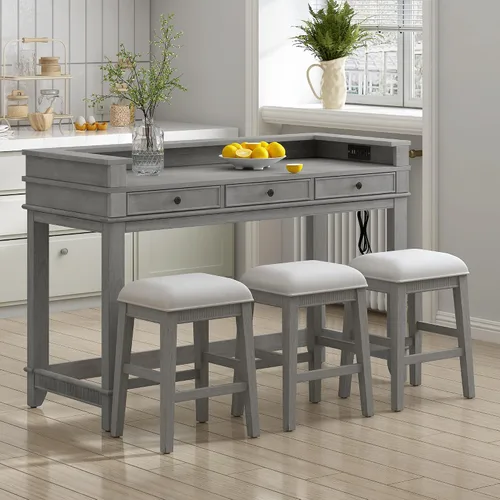 Miniatura 24 de JIVOIT Juego de mesa de comedor de 3 piezas con altura de mostrador, juego de comedor de madera maciza con 2 taburetes tapizados, mesa de comedor