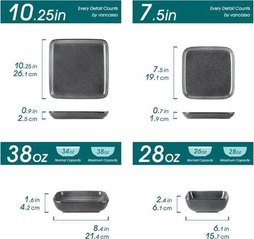 Miniatura 2 de vancasso Stern Gray - Juego de vajilla de 16 piezas de cerámica de cocina con esmalte reactivo cuadrado, juego de vajilla de piedra con plato de Gris