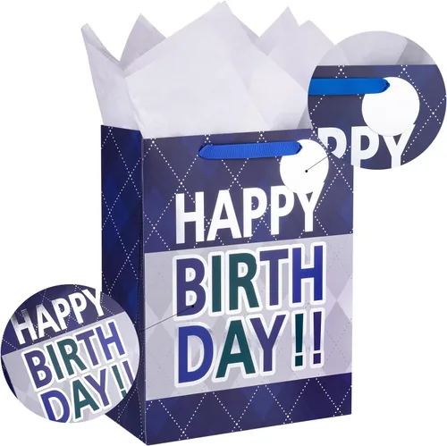 Miniatura 7 de Loveinside Bolsa de regalo a cuadros azul marino con texto en inglés «Happy Birthday» impresa, tamaño mediano con papel de seda, etiqueta, tarjeta