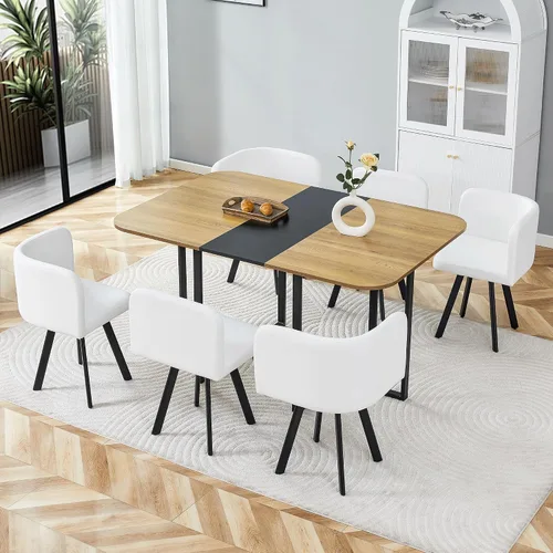 Miniatura 10 de Juego de mesa de comedor para 6, mesa de cocina de mármol y madera sintética de 60 pulgadas con 6 sillas de piel sintética, moderno juego de mesa