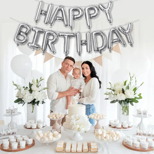 Miniatura 3 de Cartel plateado de feliz cumpleaños – Globos de letras de papel de aluminio de Mylar de 16 pulgadas con cinta, globos autoinflables para mujeres