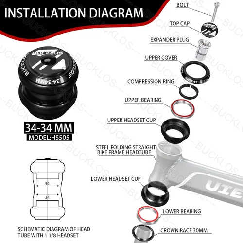 Miniatura 2 de BUCKLOS 1-1/8 Auriculares de Bicicleta MTB Sin Rosca 34 44 44-50.6 44-55 44-56 41.8-52mm, Caja de Dirección con Rodamientos Sellados Dobles
