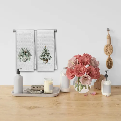 Miniatura 2 de Dibor Juego de 2 Paños de Cocina Decorativos con Árbol de Navidad Verde, Paños de Cocina de Decoración Navideña Preppy, Paño Decorativo de Pino