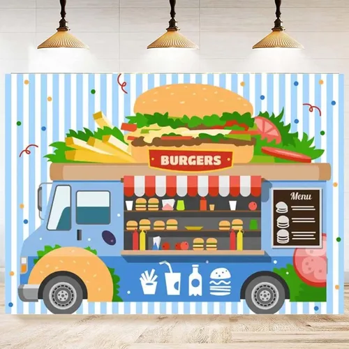 Miniatura 6 de Fondo de hamburguesa para camión de comida rápida, postre de tienda, hamburguesas, papas fritas, bebidas, fotografía, telón de fondo para niños