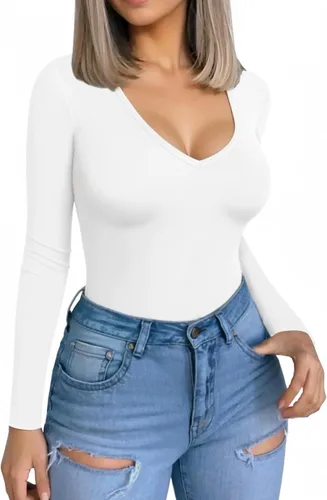 Miniatura 2 de MANGOPOP Camiseta de manga larga con cuello en V para mujer, ajustada, camiseta tipo túnica