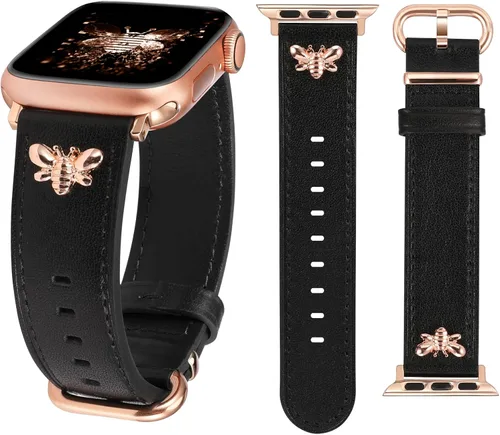 W-RARA Correas de cuero compatibles con Apple Watch Band de 38/40/41/42/44/45/46/1.929 in para mujer, elegante correa de cuero elegante con dijes de