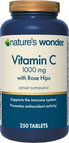 Nature's Wonder Vitamina C 1000 mg con tabletas Rose HIPS para la salud inmunológica, 250 porciones, 250 unidades