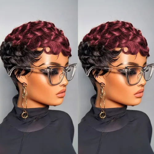 Miniatura 18 de PangDongLai Pelucas de cabello humano con corte Pixie para mujeres negras, pelucas de corte Pixie en capas con flequillo, sin pegamento, cabello
