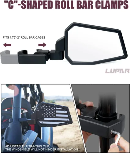 Miniatura 3 de Espejos laterales UTV de aluminio para barra de jaula enrollable de 1.75 a 2 pulgadas, patrón de bandera de Estados Unidos, espejo retrovisor