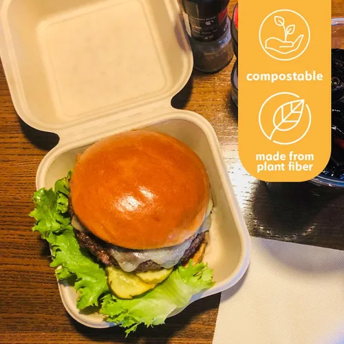 Miniatura 4 de Recipientes desechables 100% compostables con tapas [6 x 6 pulgadas paquete de 50 unidades] Recipientes ecológicos para llevar, resistentes