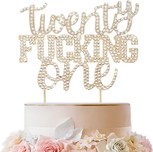 Miniatura 2 de LINGTEER Veintiún divertidos adornos dorados para tartas con diamantes de imitación – Saludos a los 21 años de edad, decoración de centros de mesa