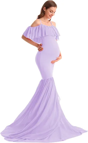 Miniatura 29 de MYRISAM Vestido de maternidad con volantes y hombros descubiertos para mujer, vestido de fiesta de sirena de gasa, vestido ajustado