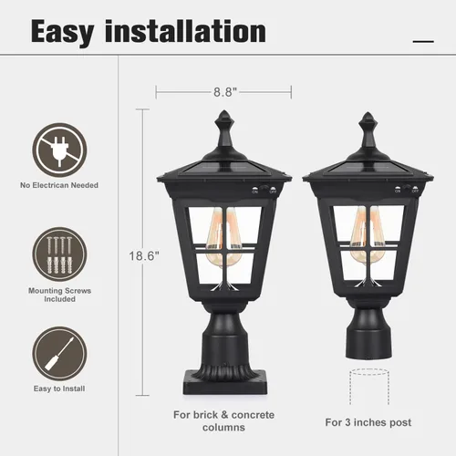 Miniatura 3 de Lámpara solar de poste de luz de aluminio fundido, impermeable, luces de pilar LED con vidrio para exteriores del atardecer al amanecer, luz solar