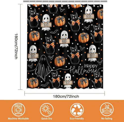 Miniatura 3 de Mocsicka Cortina de ducha de Halloween con dibujos animados, fantasma, lindo gato negro, calabaza, cortina de ducha de baño, cortina de ducha