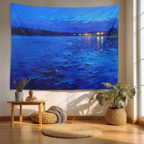 Miniatura 44 de Batmerry Tapiz azul y blanco, tapiz abstracto de pintura azul, negro, gris y blanco, para sala de estar, dormitorio, pared, decorativo, 51.2 x 59.1