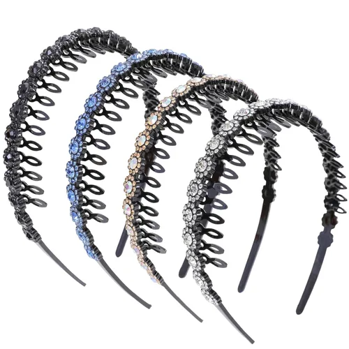 Miniatura 9 de Diademas con pedrería para mujeres y niñas, 4 piezas de diadema brillante de cristal antideslizante, diadema de cabello de pedrería sólida