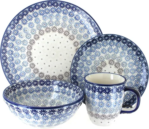Miniatura 19 de Cerámica polaca Blue Rose - Victoria - Juego de vajilla de 16 piezas color blanco roto - 4 ajustes de lugar - Ideal para cenas diarias, comidas