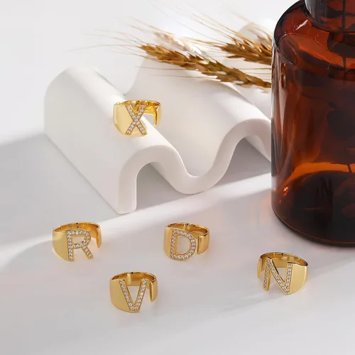 Miniatura 6 de Honsny Anillo de oro de moda con letra inicial para mujer, anillos dorados gruesos y ajustables con circonita cúbica, alfabeto mayúscula, nudillo