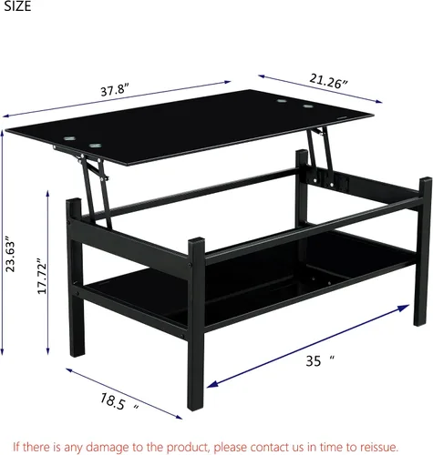 Miniatura 2 de Mesa de centro elevable con almacenamiento, mesas de centro modernas de vidrio negro para sala de estar, 37.8 pulgadas rectangular de vidrio