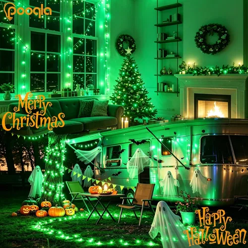 Miniatura 5 de Pooqla Guirnalda de 200 luces LED para interiores y exteriores, luces verdes de Halloween de 66 pies, enchufables con temporizador, 8 modos Alambre