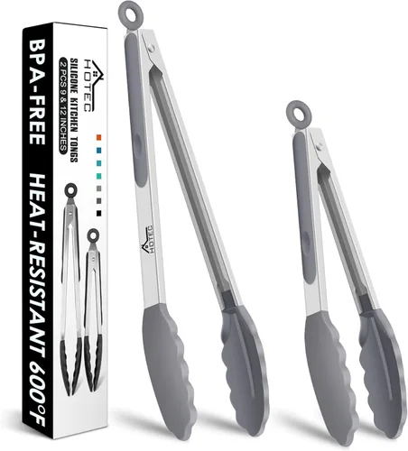 HOTEC Pinzas de Cocina Premium de Acero Inoxidable con Bloqueo con Puntas de Silicona, Juego de 2-9" y 12" Gris Claro Paquete de 2: gris claro