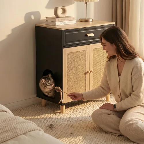 Miniatura 8 de Mueble Gabinete para Caja de Arena de Gatos Oculta Interior 2 en 1 Casa de Madera para Gatos y Gabinete de Baño con Puertas de Tabla Rascadora