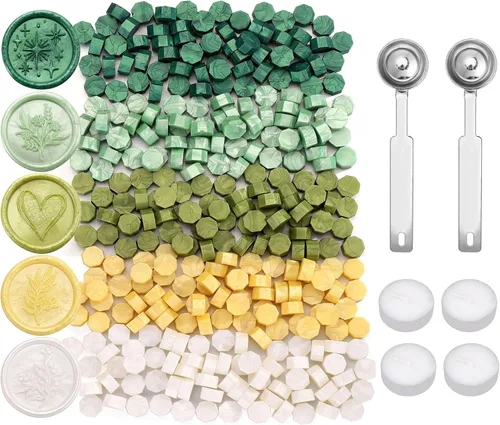 Miniatura 10 de Yoption 300 cuentas de cera octágono con 4 velas y 2 cucharas de fusión para sello de cera (dorado)