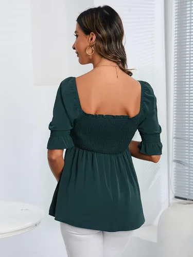 Miniatura 2 de WDIRARA Blusa de maternidad de manga corta con volantes y dobladillo fruncido para mujer