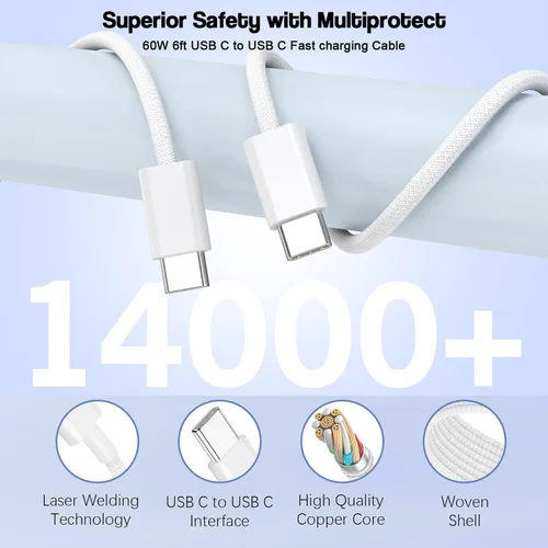 Miniatura 6 de Bloque de carga USB C de 65 W, paquete de 2 bloques de carga rápida de 6 puertos con cable tejido tipo C a tipo C de 6 pies de largo, enchufe