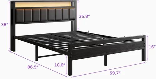 Miniatura 2 de HOJINLINERO Base de cama Queen con luces LED de cabecero, marco de cama tapizado negro tamaño Queen con estación de almacenamiento y carga,