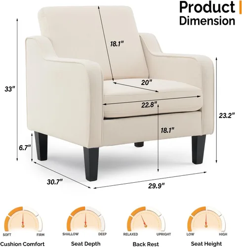 Miniatura 2 de VINGLI Sillas decorativas beige para sala de estar, silla tapizada cómoda de mediados de siglo, sillón moderno para dormitorio, oficina en casa