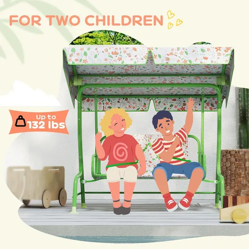Miniatura 6 de Qaba Columpio de patio para niños, 2 plazas para porche al aire libre con toldo ajustable, cinturón de seguridad, banco colgante con patrón de zorro