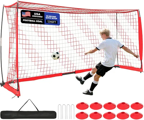 Miniatura 9 de Portería de fútbol, portería de fútbol de 12 x 6 pies para patio trasero, red de fútbol portátil para entrenamiento de práctica al aire libre
