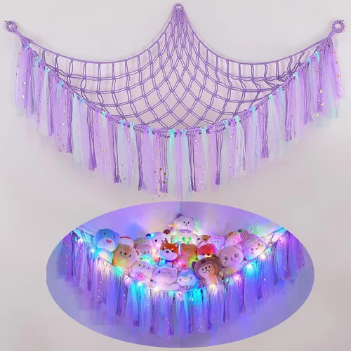 FIOBEE Red de Animales de Peluche o Hamaca con Luz LED, Hamaca de Juguetes Colgante Organizador de Almacenamiento Soporte para Animales de Peluche,