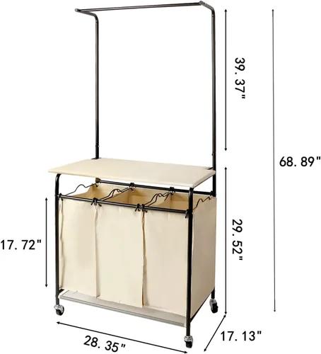 Miniatura 2 de MYOYAY Clasificador de lavandería de 3 secciones con barra colgante de ropa, tabla de planchar plegable, organizador de cesta de lavandería